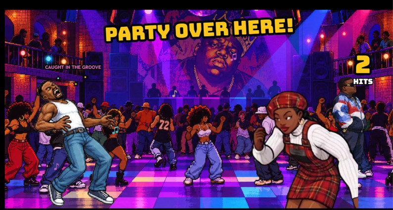 Party Over Here appears during a colorful No Filter Fighters super move at the club