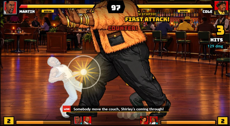 Martin and Cole face off in a No Filter Fighters match with the timer and combo messages visible