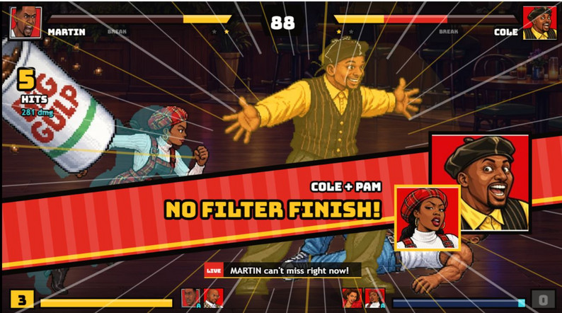 A No Filter Finish screen shows a fighter and sidekick together after a match-ending attack